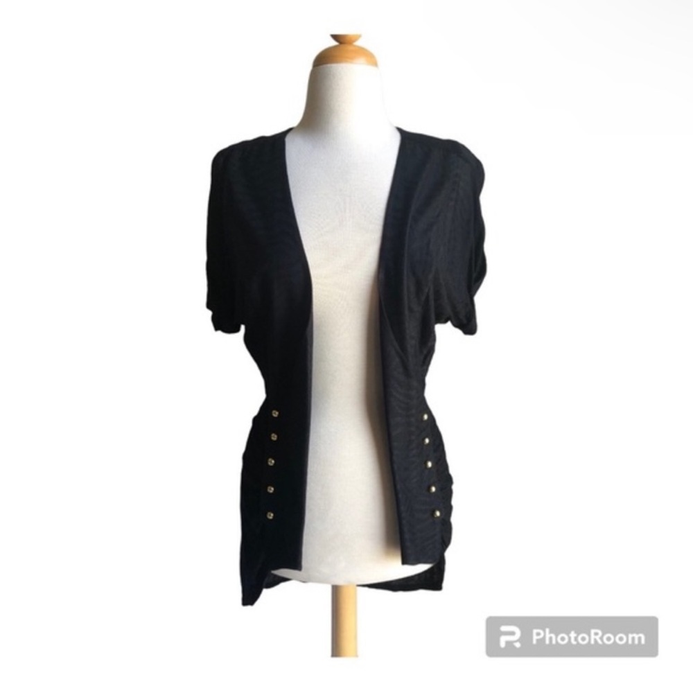 Free People: Military-Style Open Drapey Short Sleeve Cardigan, Black—Size Medium